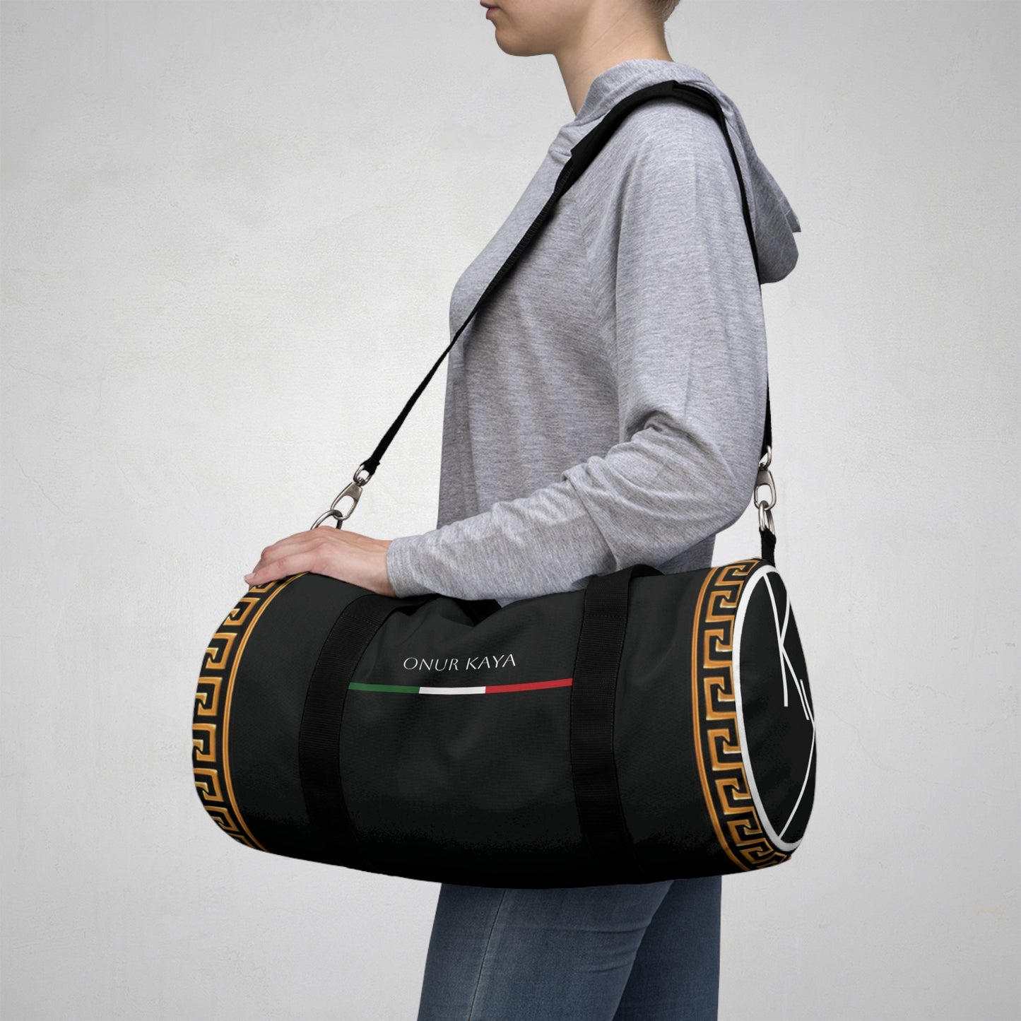 Duffel bag with signature imprint.