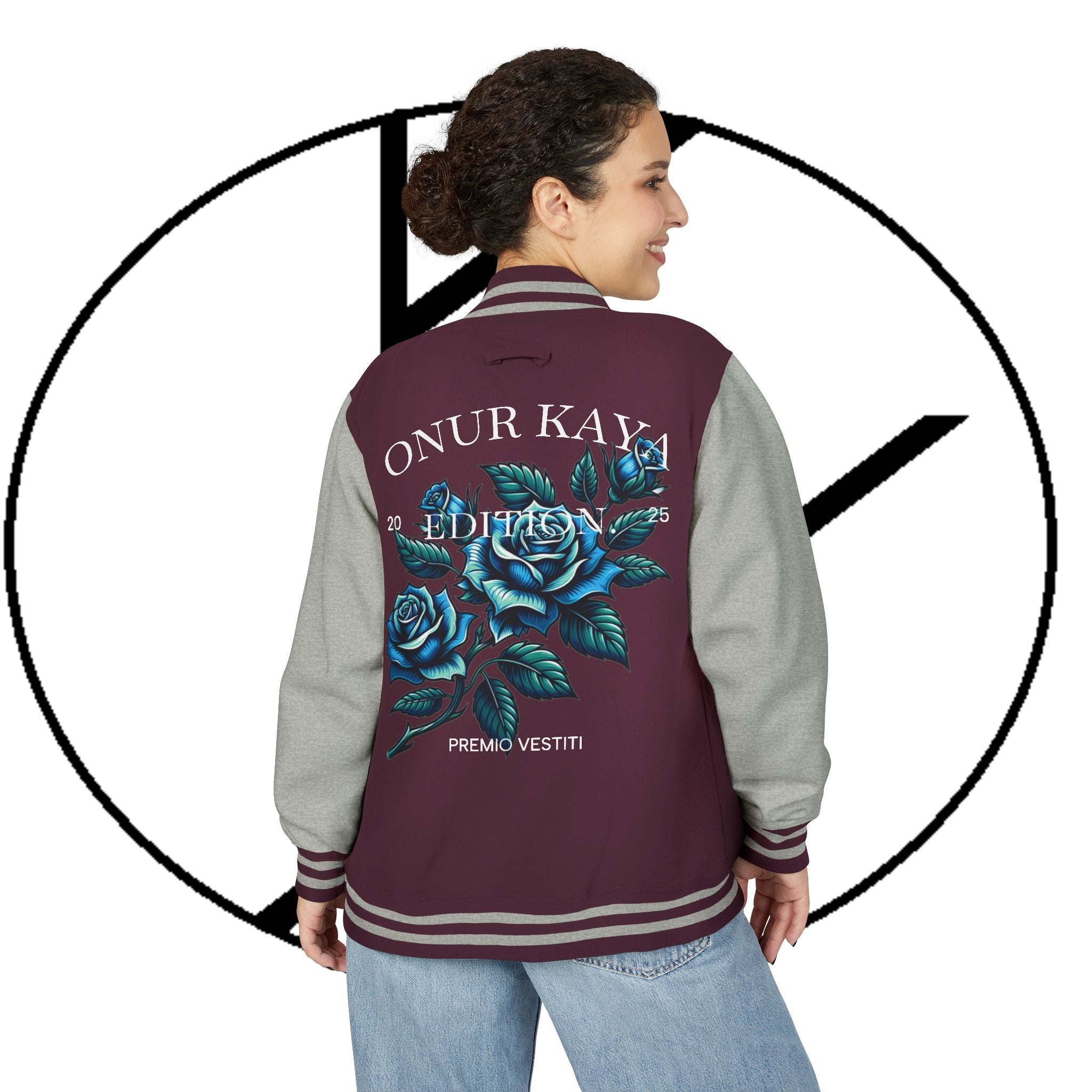 Heavyweight Letterman Jacket with Rose Design.